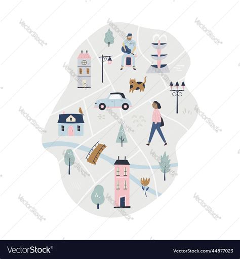 Cute City Map With Streets Parks People Royalty Free Vector