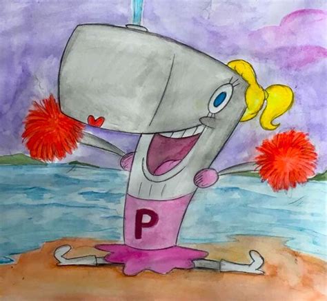 A Drawing Of A Cartoon Character With Pom Poms In Front Of Water