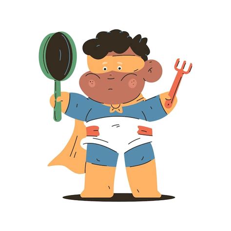 Premium Vector Funny Boy In Superhero Costume With Frying Pan And