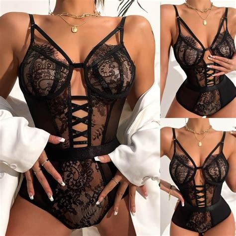Mesdames Cool Girl Anneau En Acier Massif Sexy Lingerie Bretelles Dentelle Creux See Through