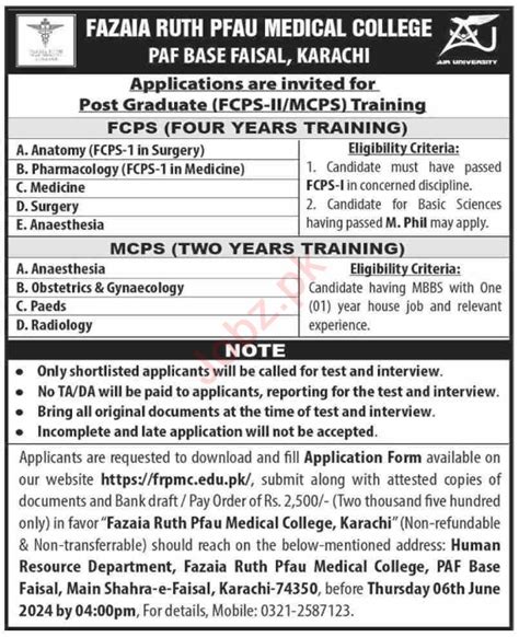 Training Program At Fazaia Ruth PFAU Medical College 2024 Job