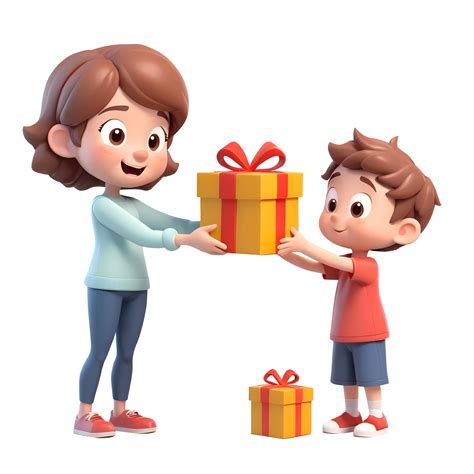 rendering cartoon  boy giving  gift   mom  png