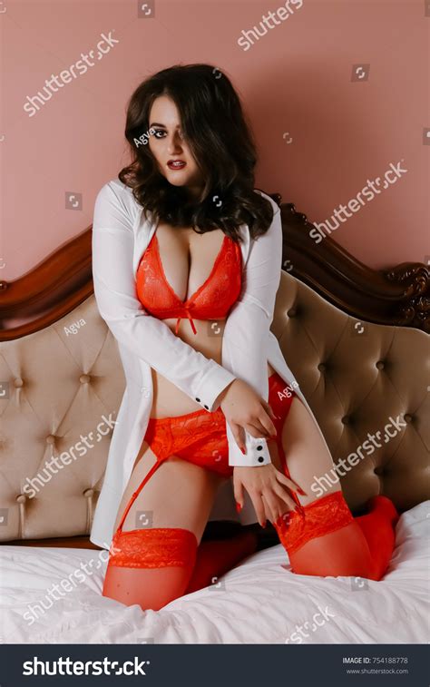 Woman Plus Size Model Red Lingerie ภาพสตอก แกไขตอนน