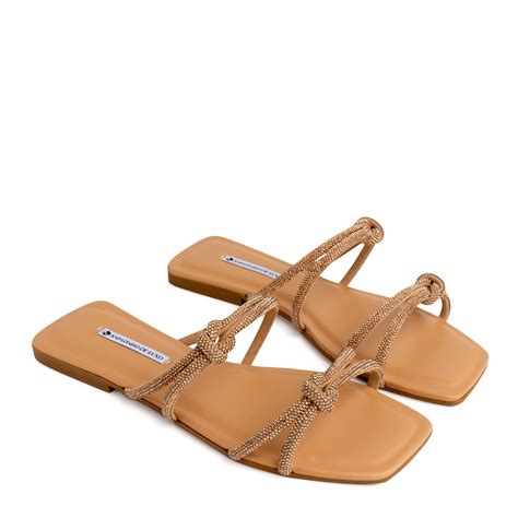 Rasteira Nude Mel Tira Nó Mini Cristais SAFIRA Marrom