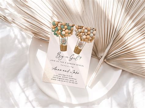 Editable Teddy Bear Hot Air Balloon Gender Reveal Invitation Sage Green Teddy Bear Baby Shower