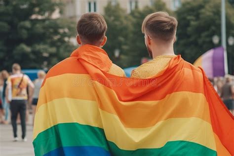 Lindos Hombres Con Bandera De Lgbt En El Desfile Gay Generado Por Ai Stock de ilustración
