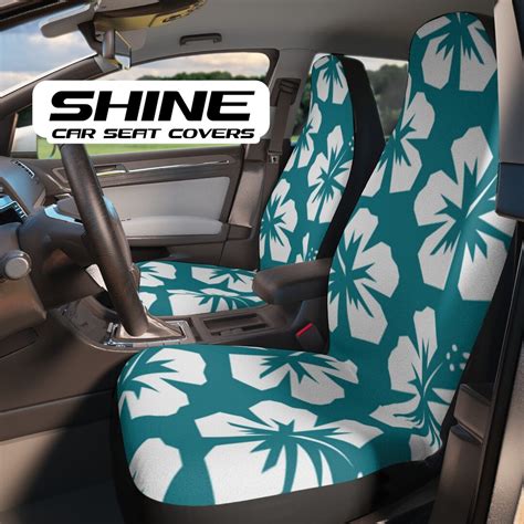 Aqua Blue And White Hawaii Car Seat Covers Hibiscus Flowers Fit Most