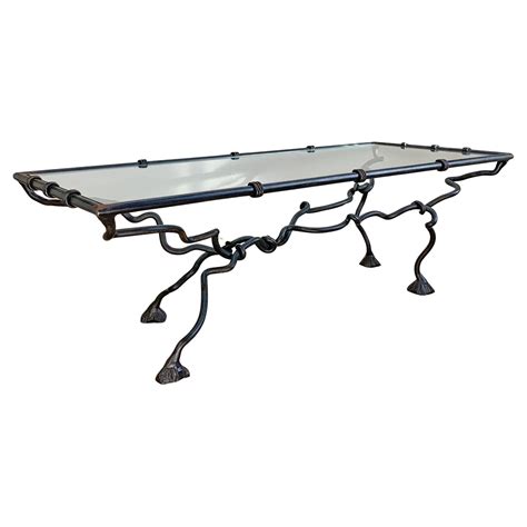 Heavy Hand Wrought Iron Glass Top Coffee Table after Samuel Yellin For