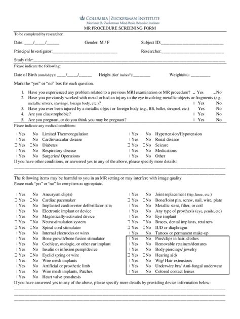 Fillable Online 1 Magnetic Resonance Mr Screening Form Fax Email Print Pdffiller