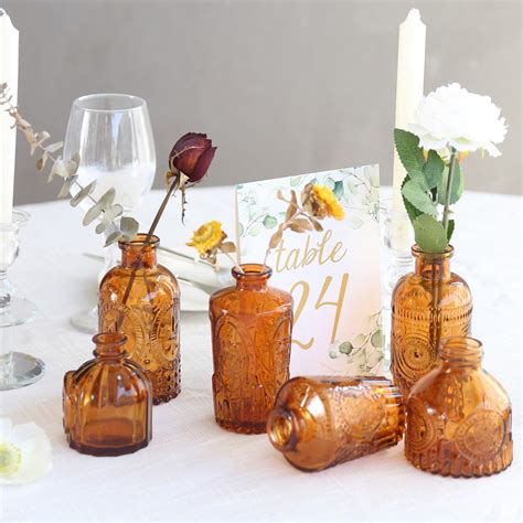 Set Of 6 Amber Gold Glass Bud Vases