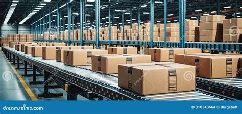 Cardboard Boxes On Conveyor Belts And Rows Of Boxes In A Distribution