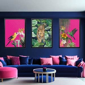 Tropical Maximalist Print Set Of Jungle Tropical Wall Art Set Hot Pink Bird Prints Navy