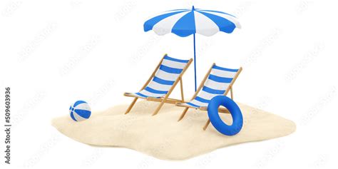 Minimal scene of two beach chair and open striped white and blue ...