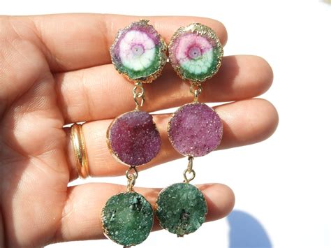 Druzy Earrings Natural Solar Quartz Druzy Earrings Kt Gold Etsy