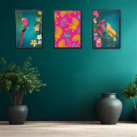 Tropical Maximalist Teal Hot Pink Print Set Vibrant Tropical Bird And Leopard Wall Art Set Of