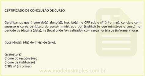 Modelo De Certificado De Conclus O De Curso