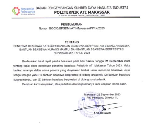 Pengumuman Penerima Beasiswa Kategori Bantuan Beasiswa Berprestasi