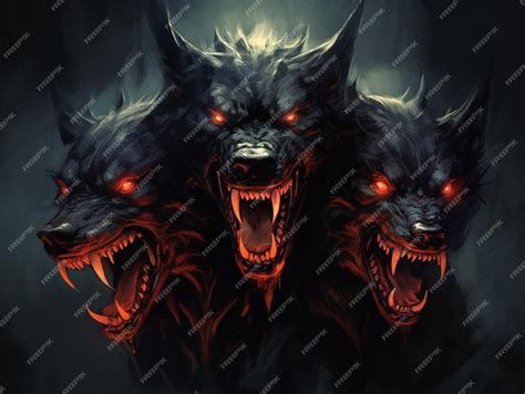 Three Demonic Looking Wolf Heads With Glowing Red Eyes And Fangs