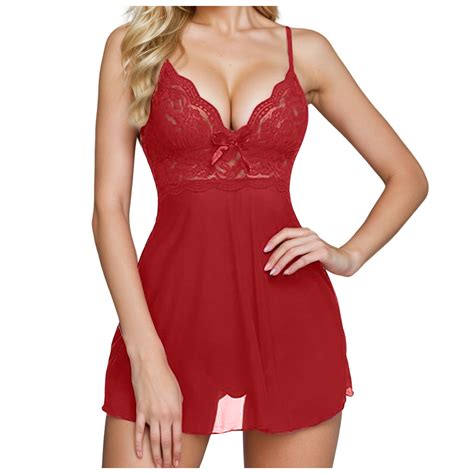 Midwennn Lingerie Lace Nightdress V Neck Pajamas Two Piece Nightgown Snap Crotch Lingerie Plus