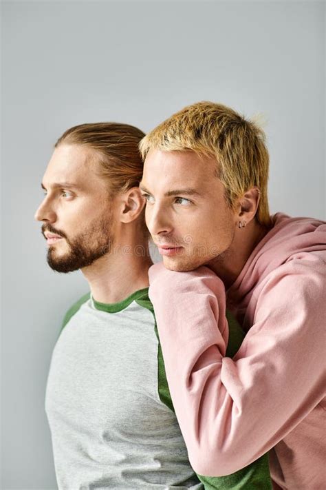 Romantic Dreamy Gay Couple In Trendy Stock Image Image Of Cheerful Caucasian