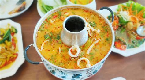 Thai Food Tom Yum Seafood Tom Yum Kung Creamy Spicy Soup Hot Pot Stock Photo Image Of Green
