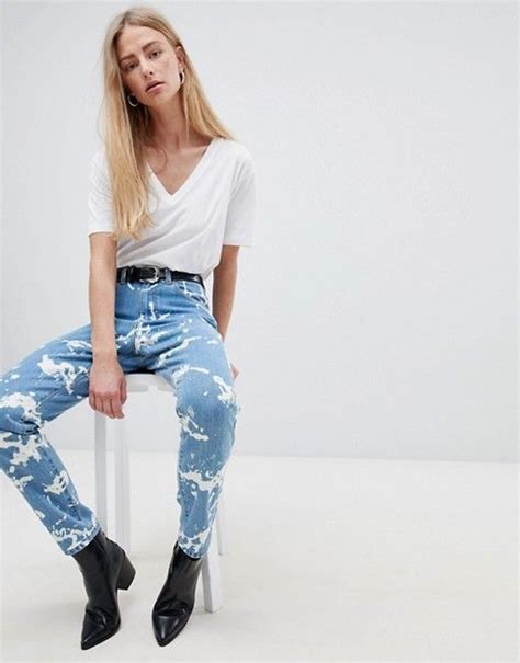 Dr Denim Nora Super High Rise Mom Jean With Bleach Effect ASOS High