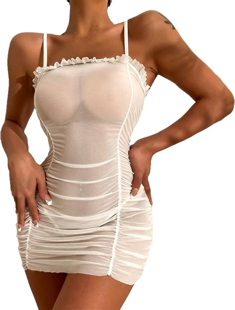 Lace Lingerie For Women Women Ruched Frill Trim Sheer Mesh Dress