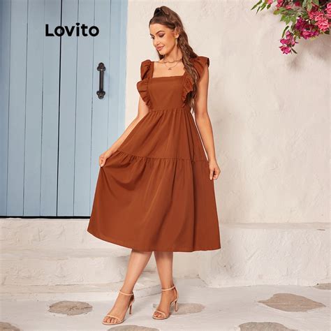 Lovito Vestido Feminino Boho Liso Decote Quadrado Babado L Ld