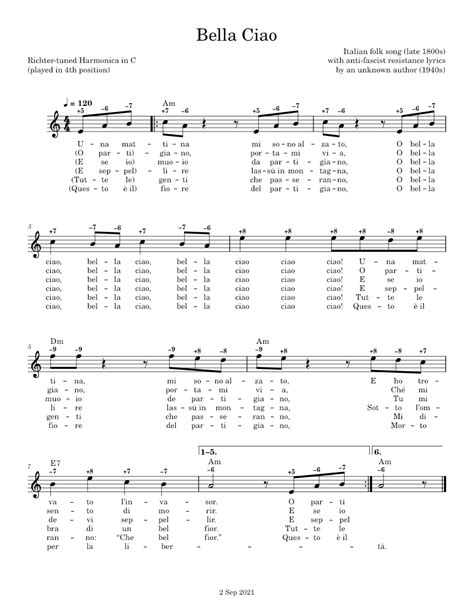 Bella Ciao Sheet Music For Harmonica Solo