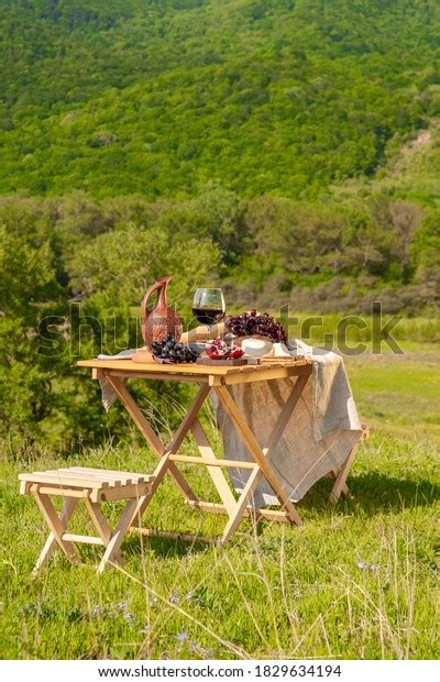 Outdoor Picnics Mountains Picnic Table Set Stock Photo 1829634194