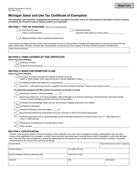 Form 3372 Download Fillable Pdf Or Fill Online Michigan Sales And Use Tax Certificate Of