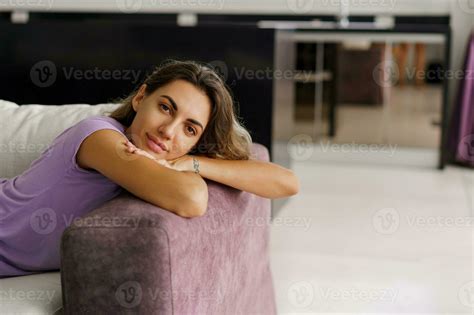 Brunette Pretty Woman In Cozy Home Wear Enjoying Lazy Weekends In Her