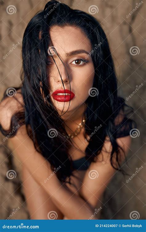 Attractive Brunette With Red Lips Posing On Fresh Air Stock Image Image Of Model Summer