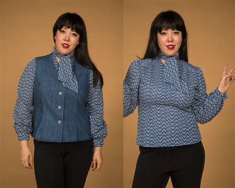 Fun 1960s Blue Poly Blouse With A Pussy Bow Bishop Sleeve Denim Vest Large Etsy