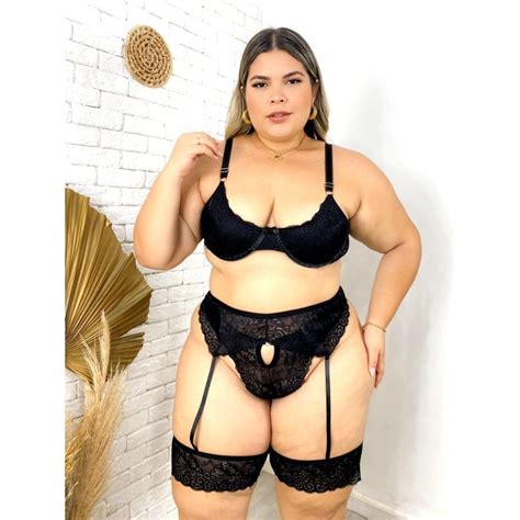 Conjunto Cleo Plus Size Sexy Cinta Liga Renda Lingerie Suti Reforcado Sem Bojo Aro