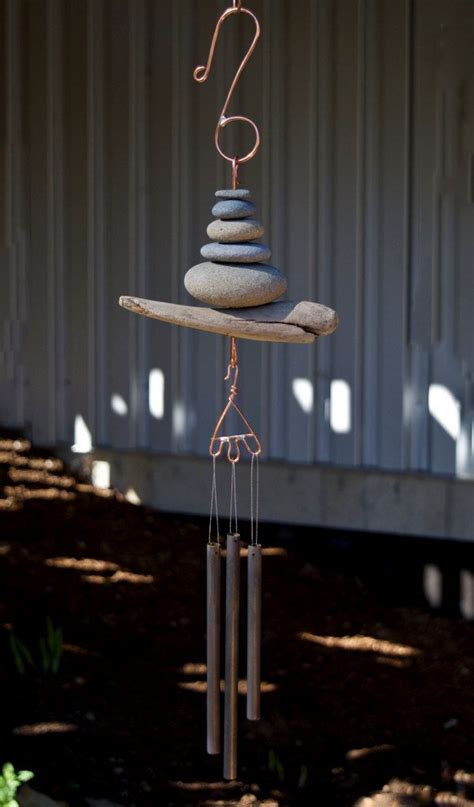 Wind Chime Driftwood Beach Stone Brass Chimes West Coast Etsy Wind