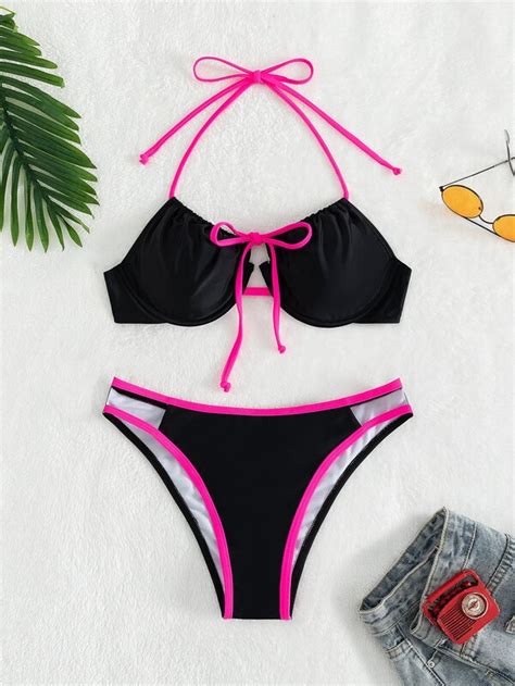 Contrast Binding Bikini Set Tie Front Underwire Cami Bra Bikini Bottom 2 Piece Bathing Suit