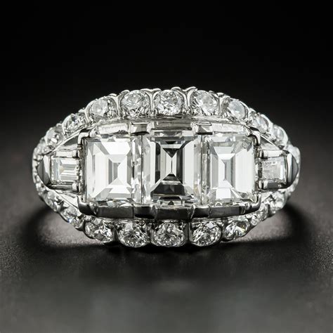 Vintage Three-Stone Emerald-Cut Diamond Platinum Engagement Ring ...