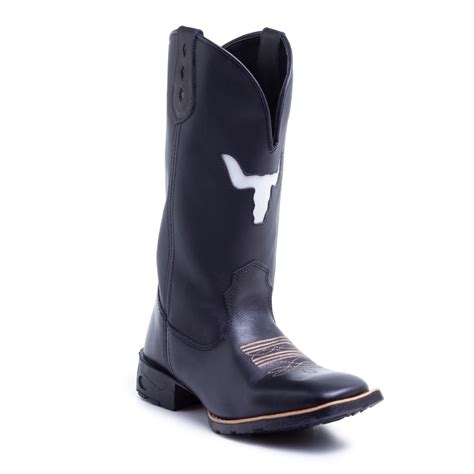 Bota Botina Texana Country Masculina Boi Vazado Preto Em Couro Legitimo