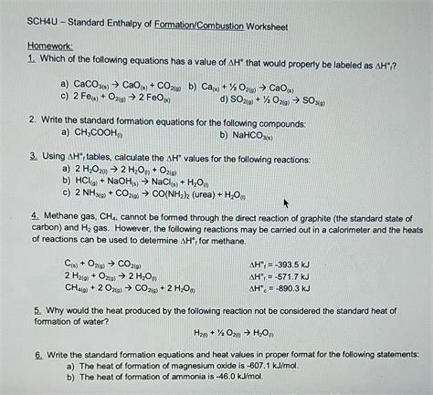 Solved SCH4U Standard Enthalpy Of Formation Combustion Chegg