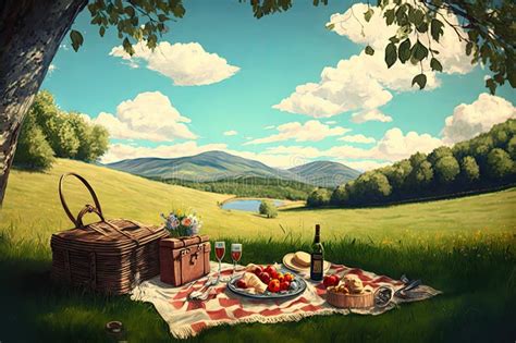 picnic   quiet meadow surrounded  rolling hills  sunny sky