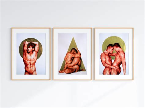 Passion And Geometry Set Of Nude Male Prints With Triangles And Circles LGBTQ Wall Art