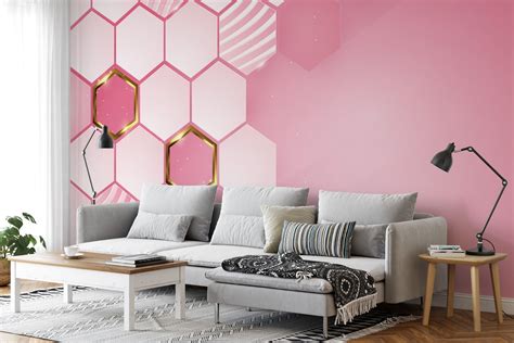 Geometric Style Light Pink Hexagons Illustration Wallpaper, Chic Pink