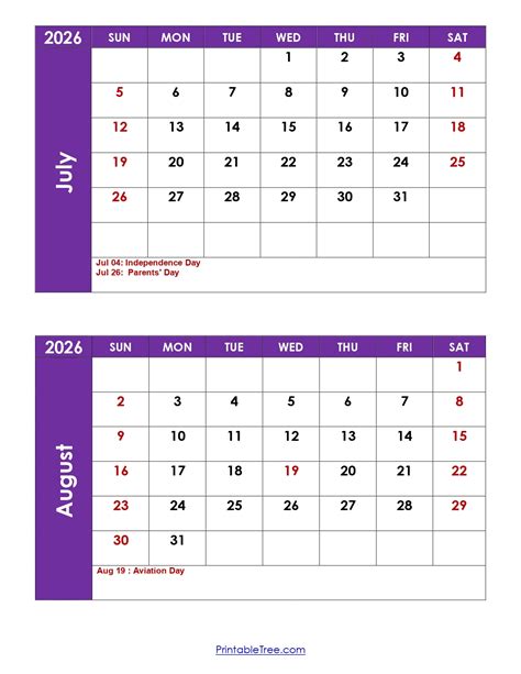 August 2026 July 2026 Calendar Printable - Printable Templates Hub
