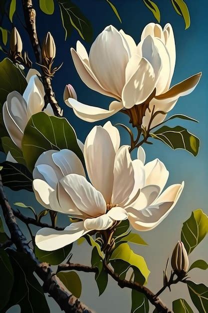 Premium AI Image Painting Of Two White Flowers On A Tree Generative Ai