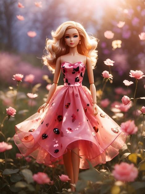 Premium AI Image A Barbie Doll In A Romantic Rosetinted Dress With A