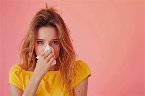 A Woman Using A Tissue To Blow Her Nose Suitable For Medical And