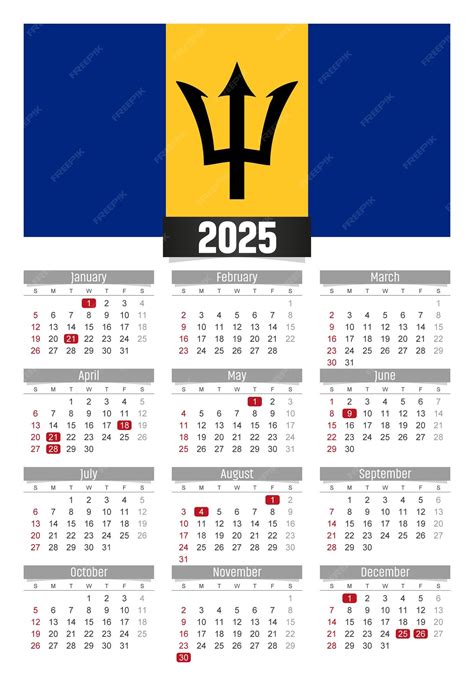Premium Vector | New year 2025 calendar with Barbados flag and public