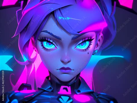 Anime Girl Waifu Portrait In Neon Lights Veaporwave Synthwave Retro