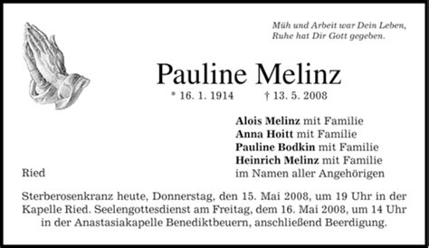 Traueranzeigen Von Pauline Melinz Trauer Merkur De